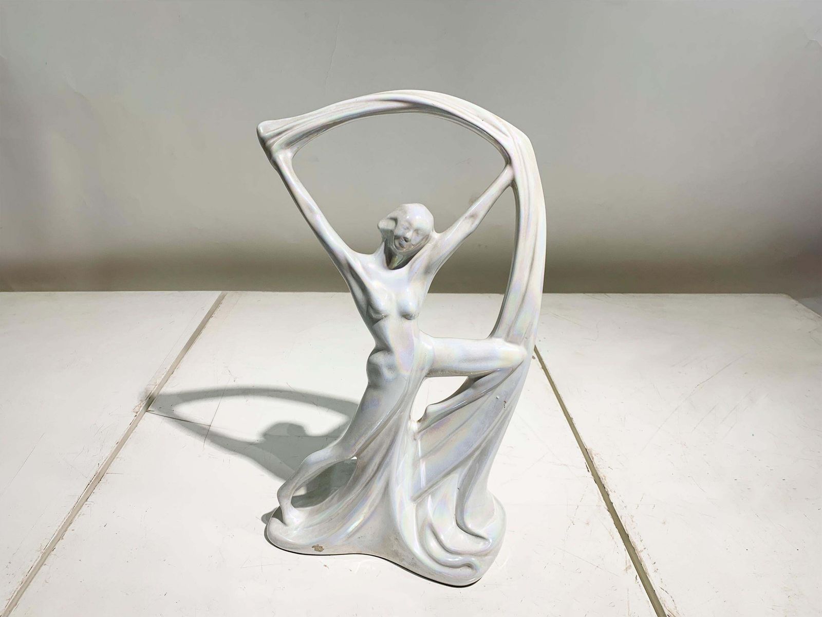 Art Nouveau Iridescent Pearl Porcelain Nude Scarf Dancer Statue, Circa 1940's photo furniture