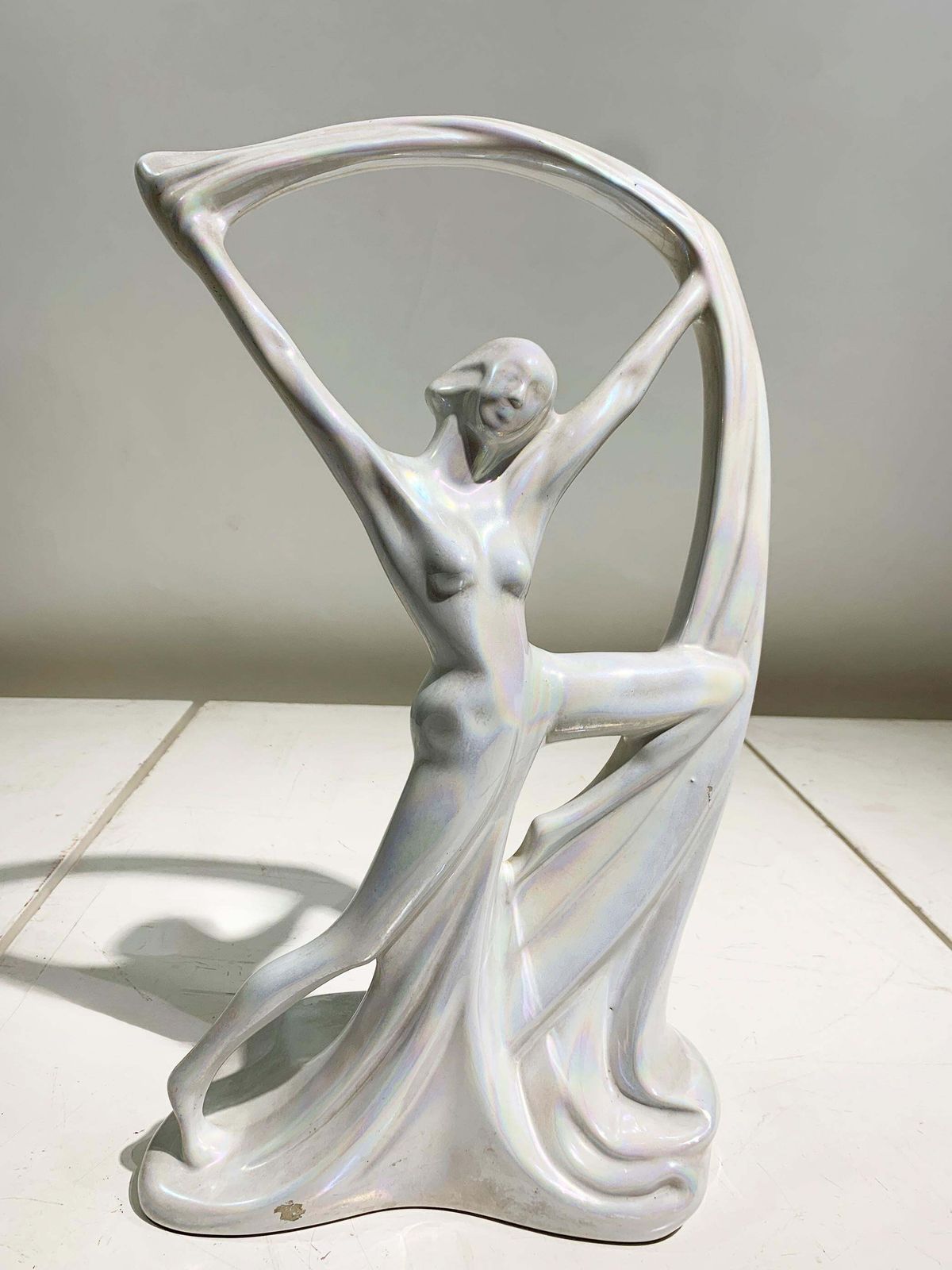 Art Nouveau Iridescent Pearl Porcelain Nude Scarf Dancer Statue, Circa 1940's photo buy