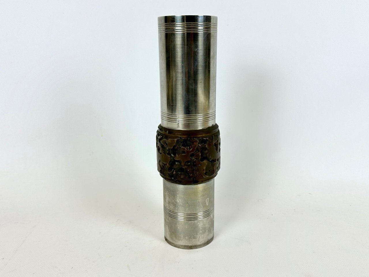 German Brutalist Cylindrical Steel And Bronze Vase From Bmf, 1970s photo furniture
