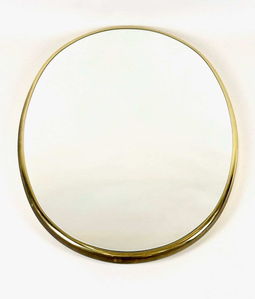 Mid Century German Brass Eliptical Wall Mirror From Planilux Huwa Spiegel, 1960s