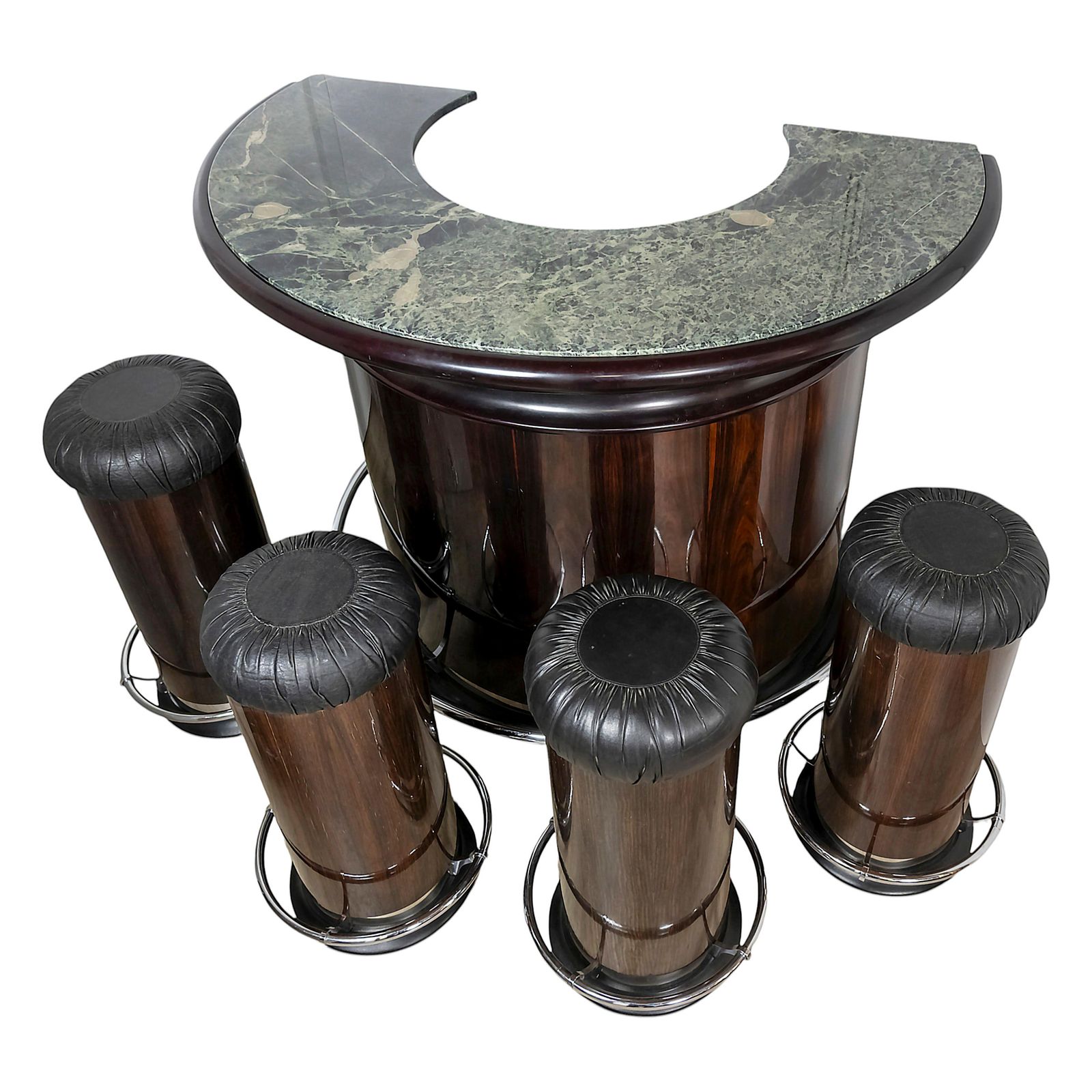 Vintage Luciano Frigerio Walnut And Green Marble Bar With 4 Stools, 1970's photo furniture