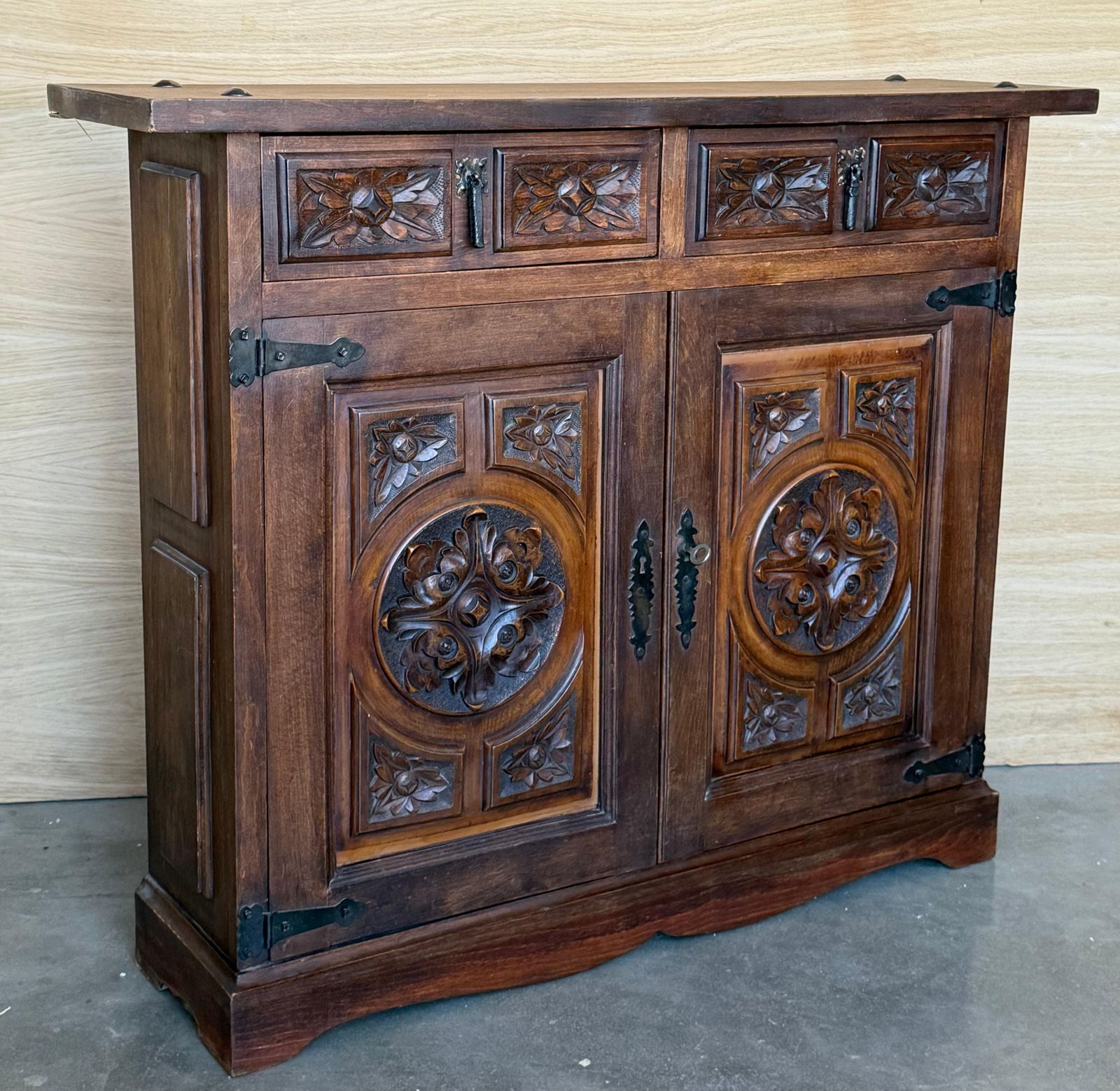 20th Spanish Baroque Carved Walnut Tuscan Two Drawers Credenza Or Buffet photo 2573.0