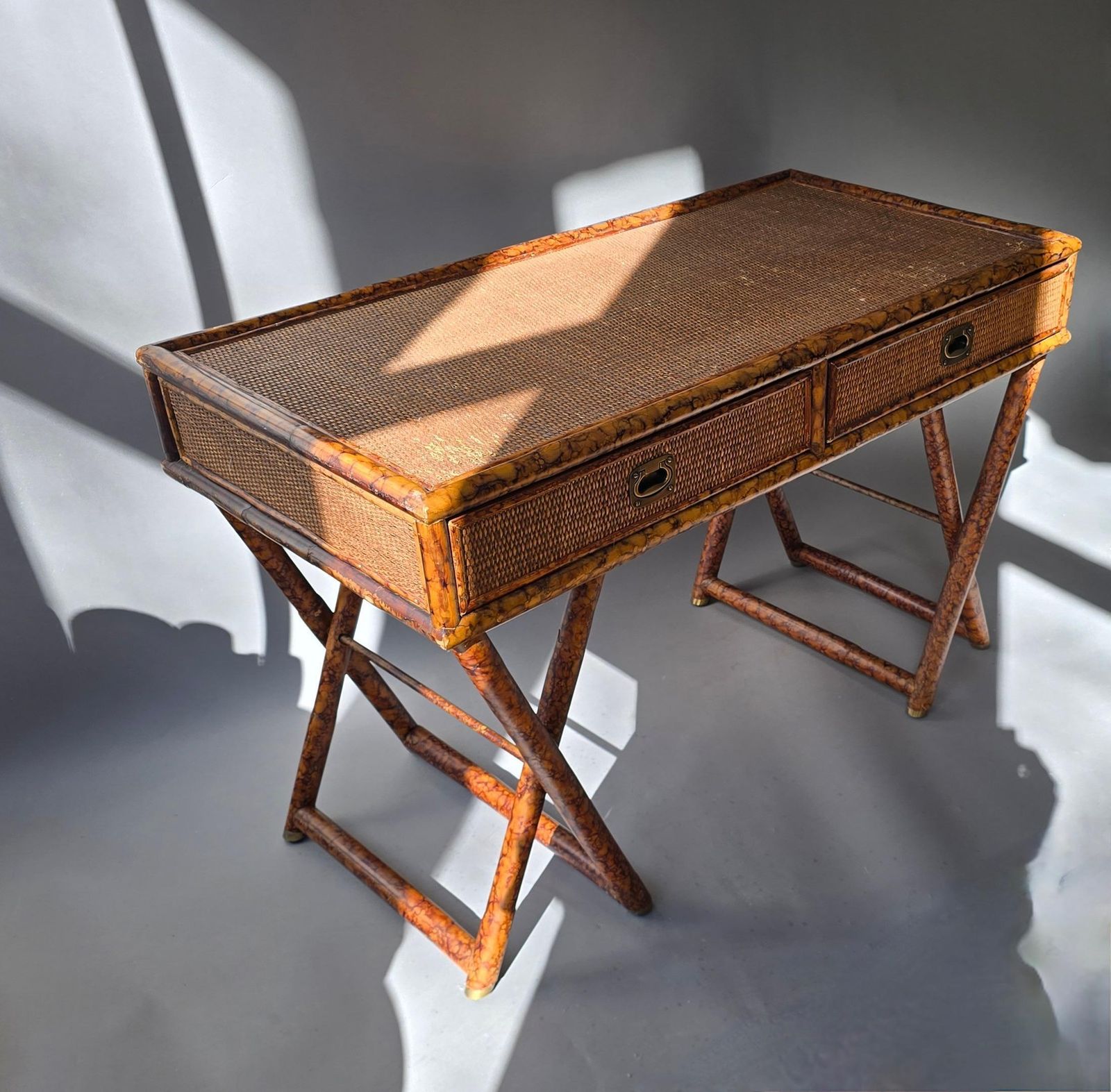 Hollywood Regency Faux Bamboo Cane Desk With Tortoise Finish, 1970s photo furniture