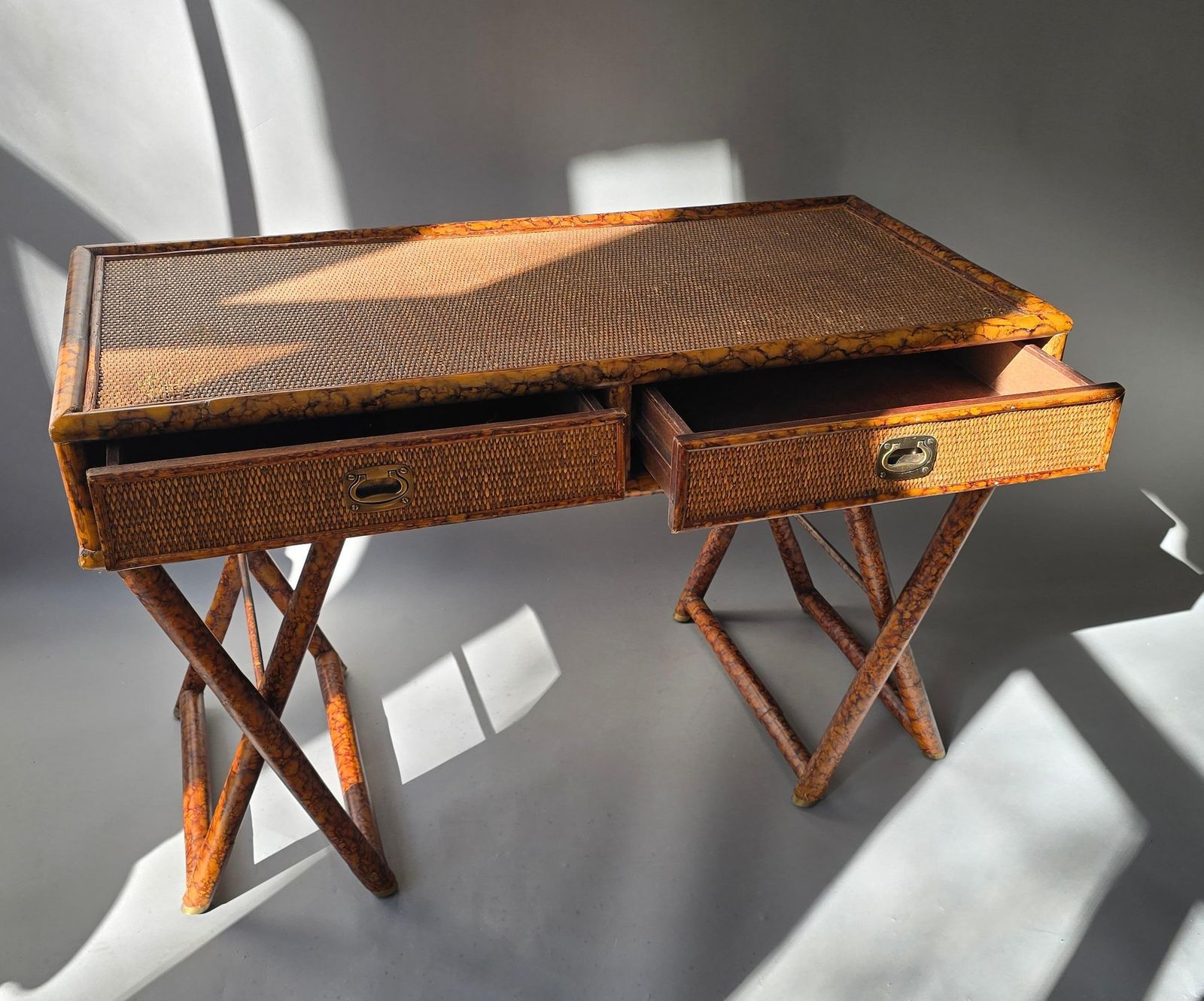 Hollywood Regency Faux Bamboo Cane Desk With Tortoise Finish, 1970s photo Furniture