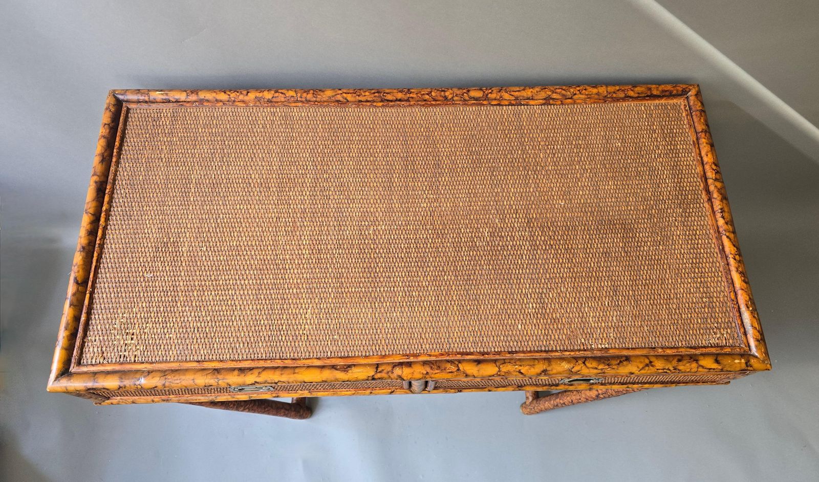 Hollywood Regency Faux Bamboo Cane Desk With Tortoise Finish, 1970s photo vintage