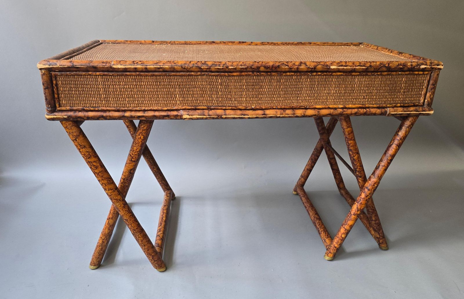 Furniture Hollywood Regency Faux Bamboo Cane Desk With Tortoise Finish, 1970s photo