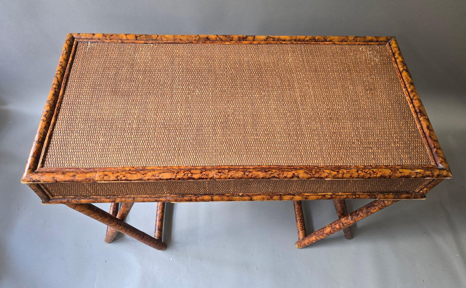 photo buy Hollywood Regency Faux Bamboo Cane Desk With Tortoise Finish, 1970s