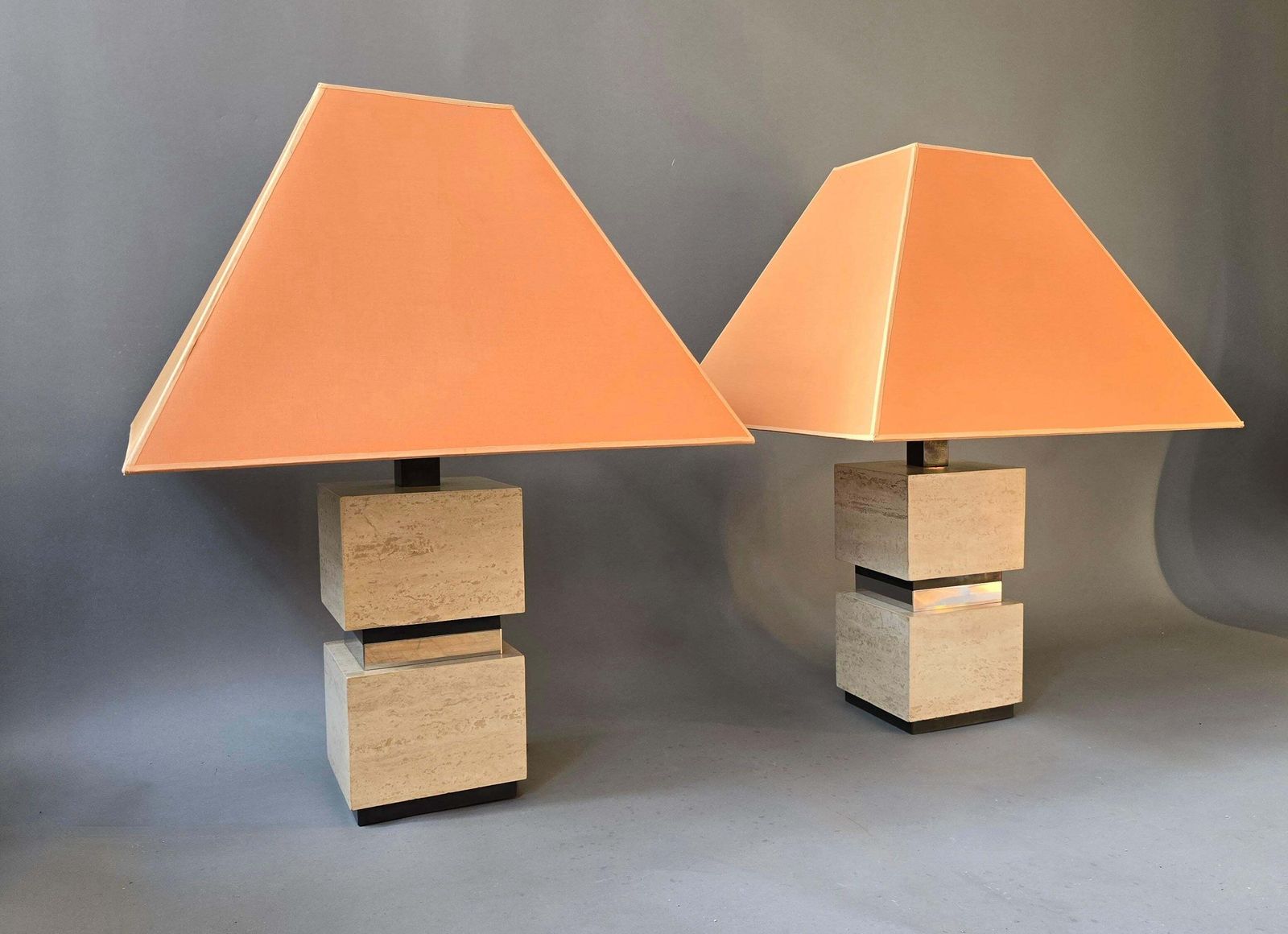 Pair Of Sculptural French Travertine Table Lamps With Original Peach Shades 1970 photo vintage
