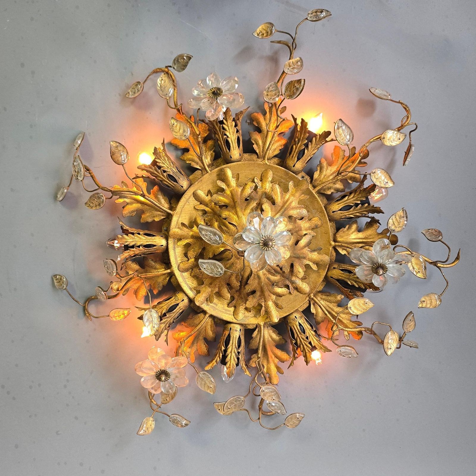 Large Italian Gilt Metal And Crystal Floral Flush Mount, 1960s photo Lighting