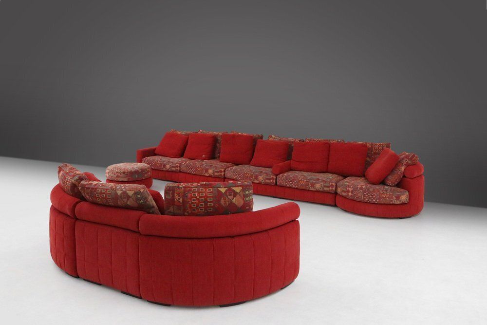 photo vinterior Modular Sofa In Red And Patterned Upholstery From Roche Bobois, France, 1980s
