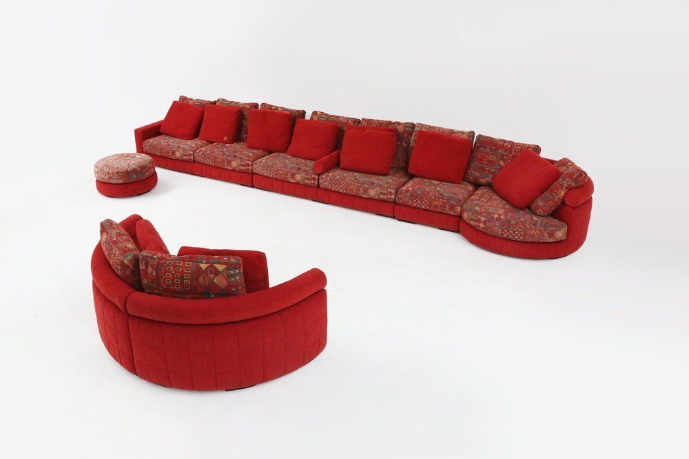 photo vintage Modular Sofa In Red And Patterned Upholstery From Roche Bobois, France, 1980s