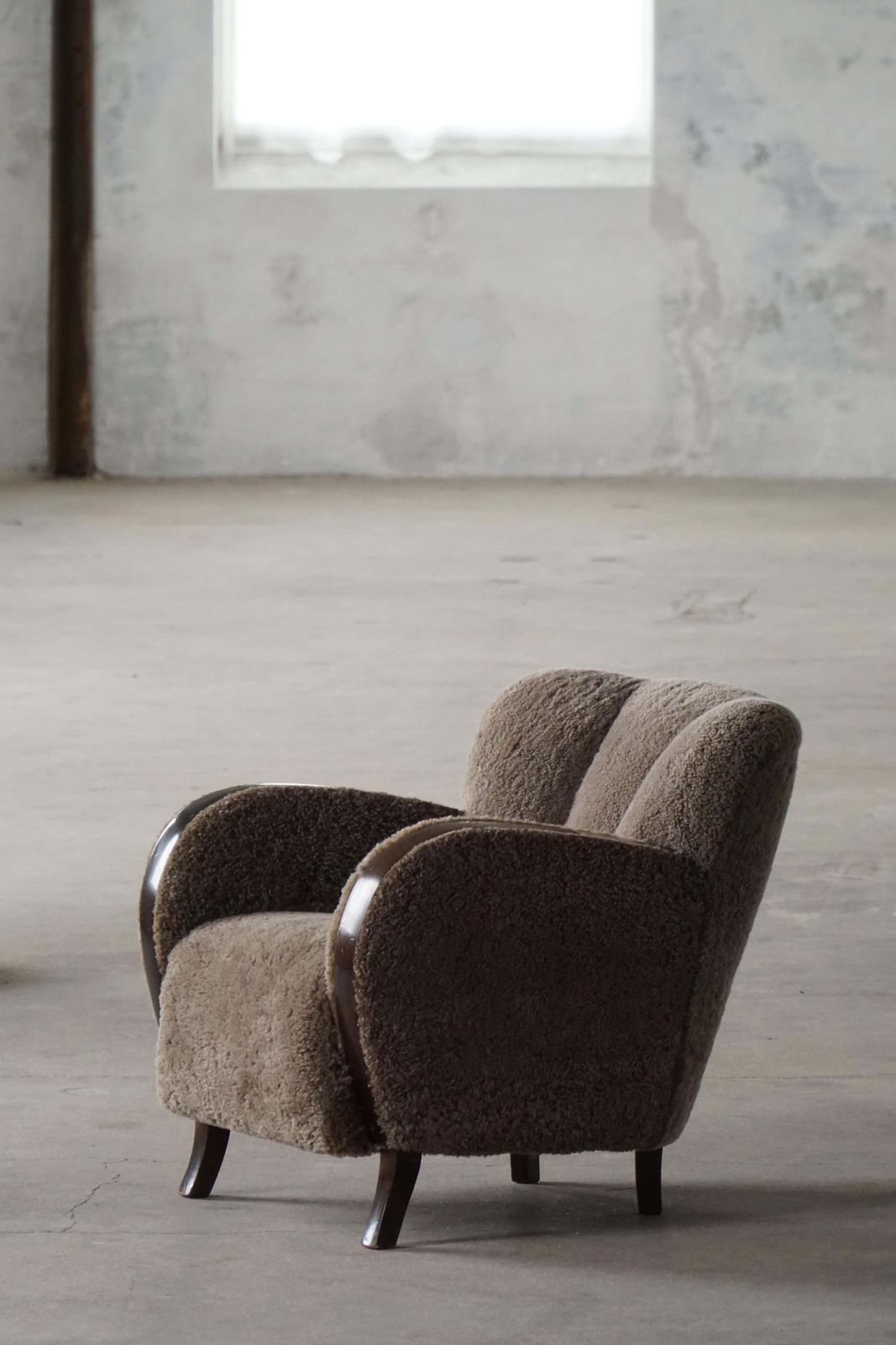 Pair Of Danish Modern Art Deco Lounge Chairs In Lambswool & Birch, 1940s photo for sale