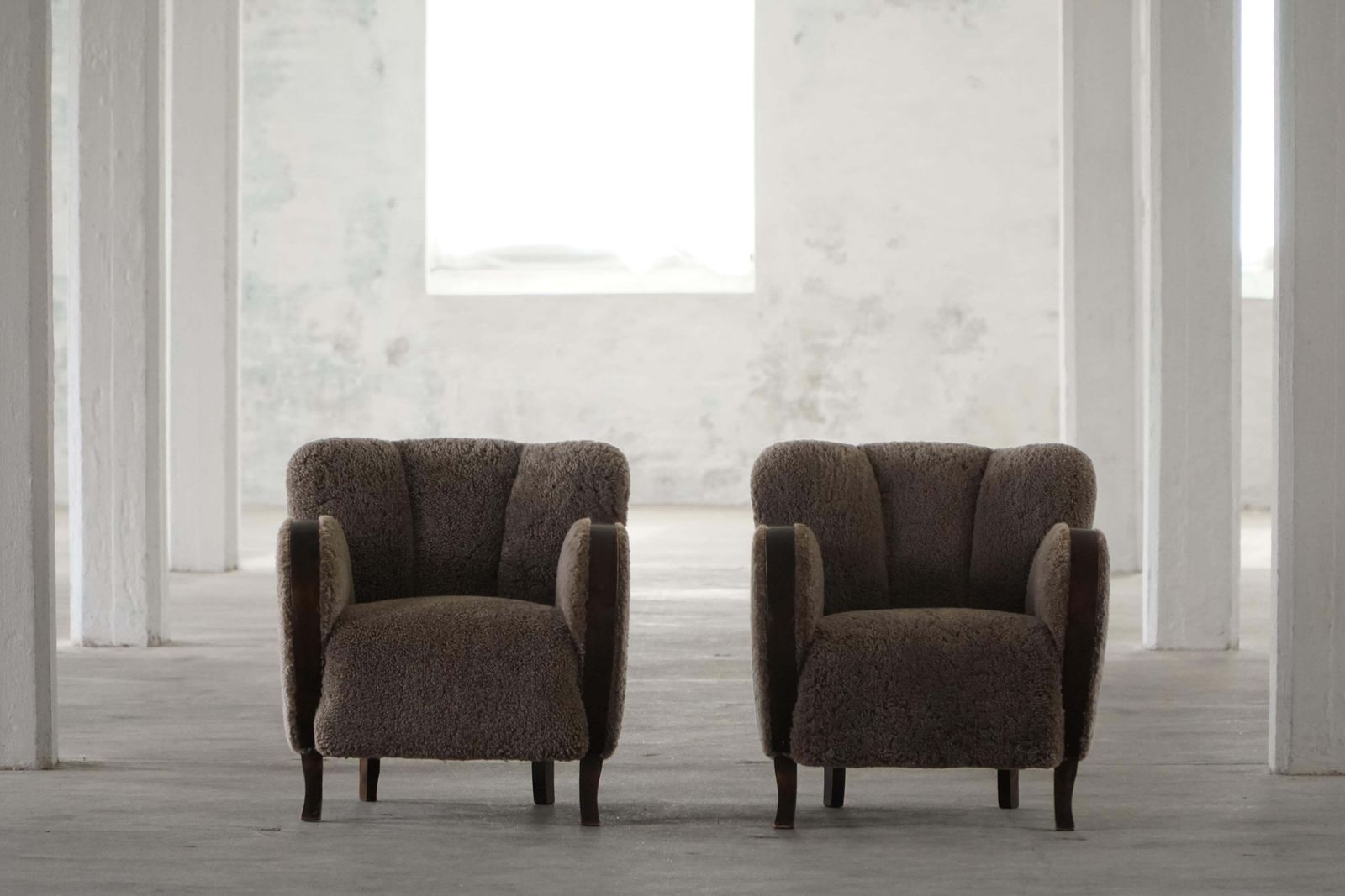 Pair Of Danish Modern Art Deco Lounge Chairs In Lambswool & Birch, 1940s photo vintage