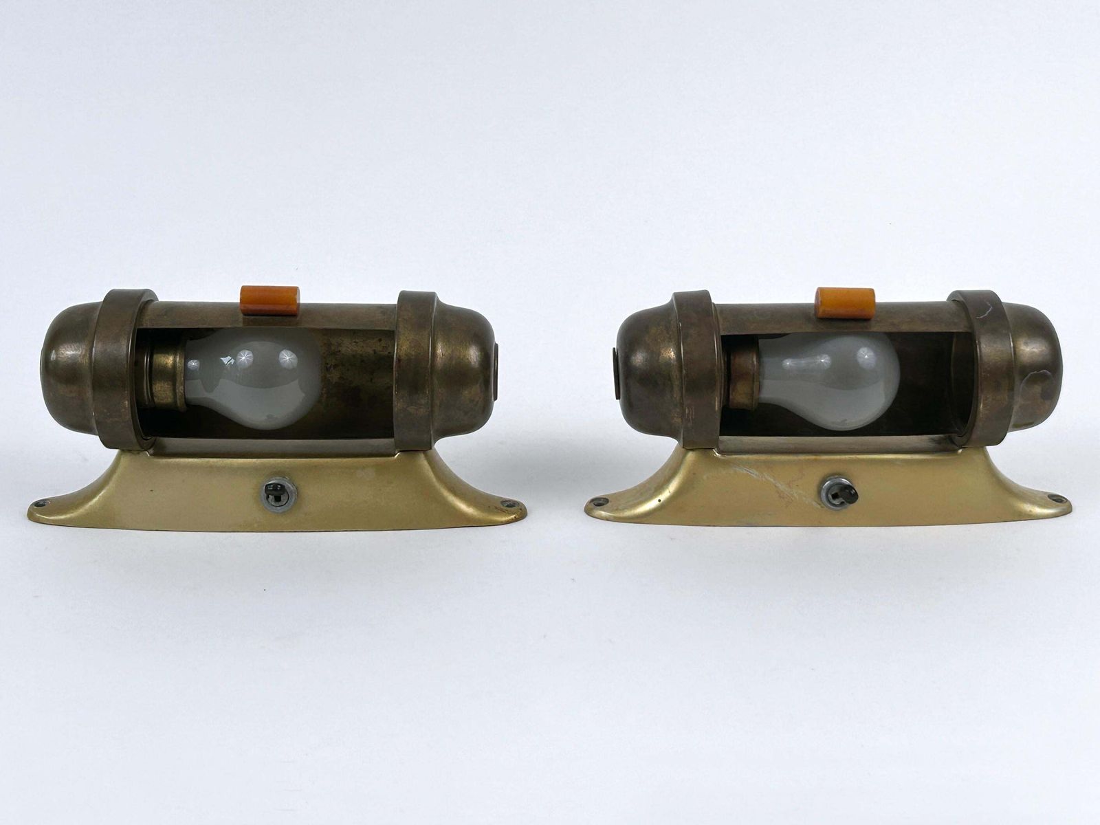 Set Of Two Streamline Bauhaus Design Sub Marine Cabinet Sconces Germany 1930s photo vintage