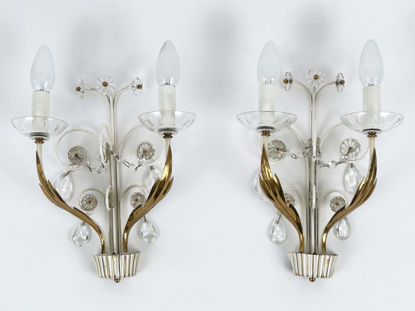 Set Of Two Elegant Brass & Glass Sconces By Vereinigte Werkstätten 1960s photo for sale