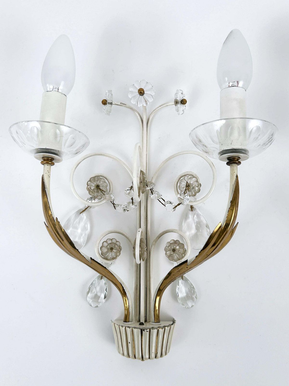Set Of Two Elegant Brass & Glass Sconces By Vereinigte Werkstätten 1960s photo vintage