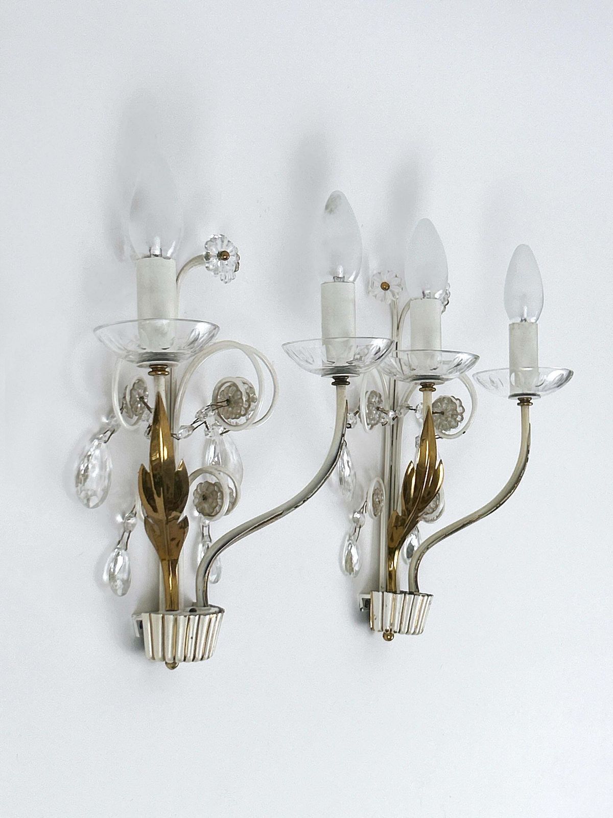 photo for sale Set Of Two Elegant Brass & Glass Sconces By Vereinigte Werkstätten 1960s