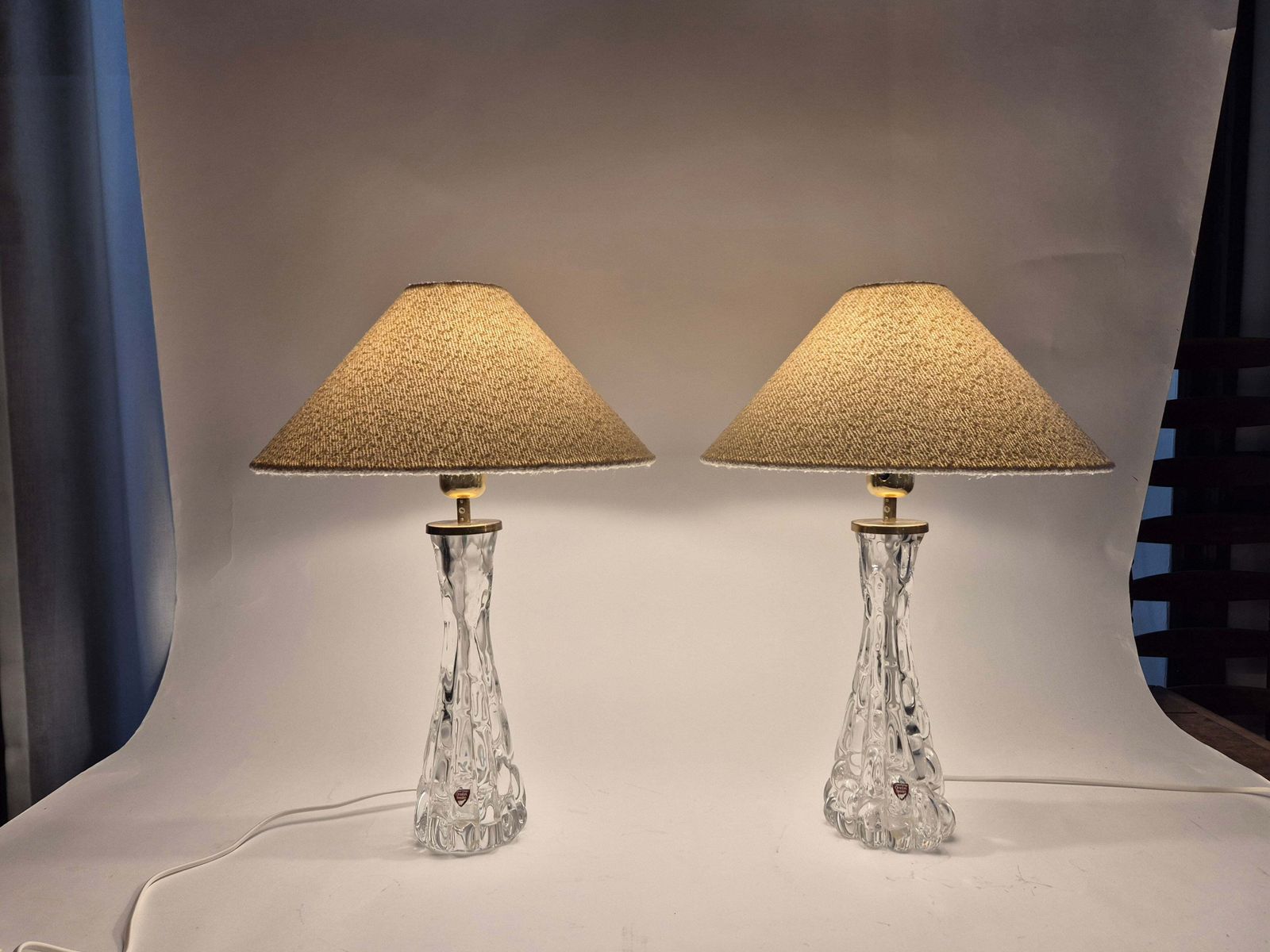 Elegant Pair Of Scandinavian Modern Table Lamps With Orrefors Glass And Brass