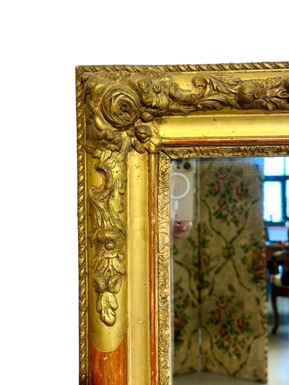 photo for sale Large French Napoleon III Giltwood Mirror With Floral Carved Frame