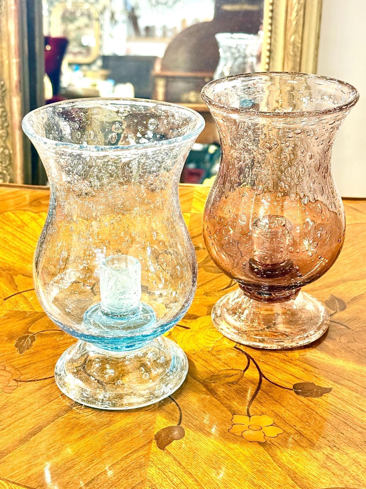 photo vinterior Pair Of French Biot Bubble Glass Hurricane Candle Holders