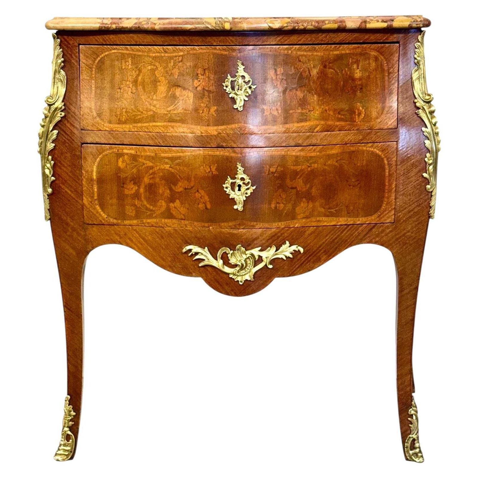 Louis XV Style Marquetry Commode With Breche Marble Top, France 19th Century