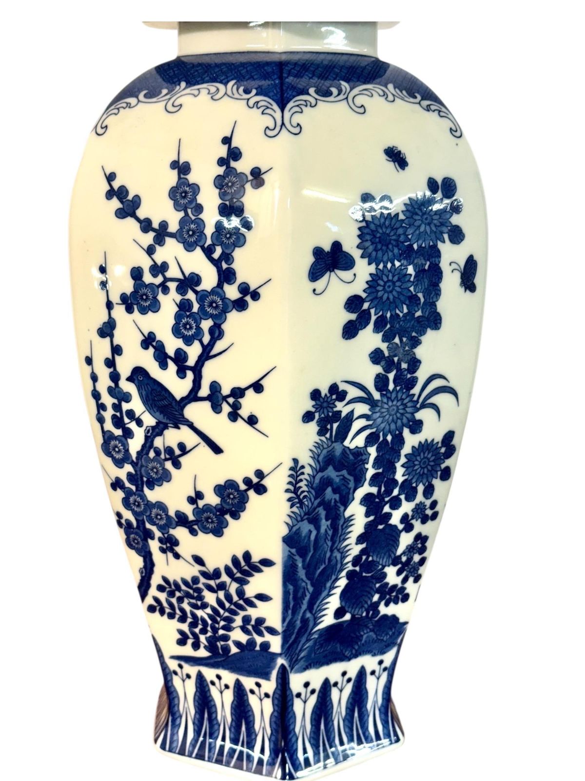 Large Blue And White Hexagonal Lidded Porcelain Vase, Chinoiserie photo 564.0