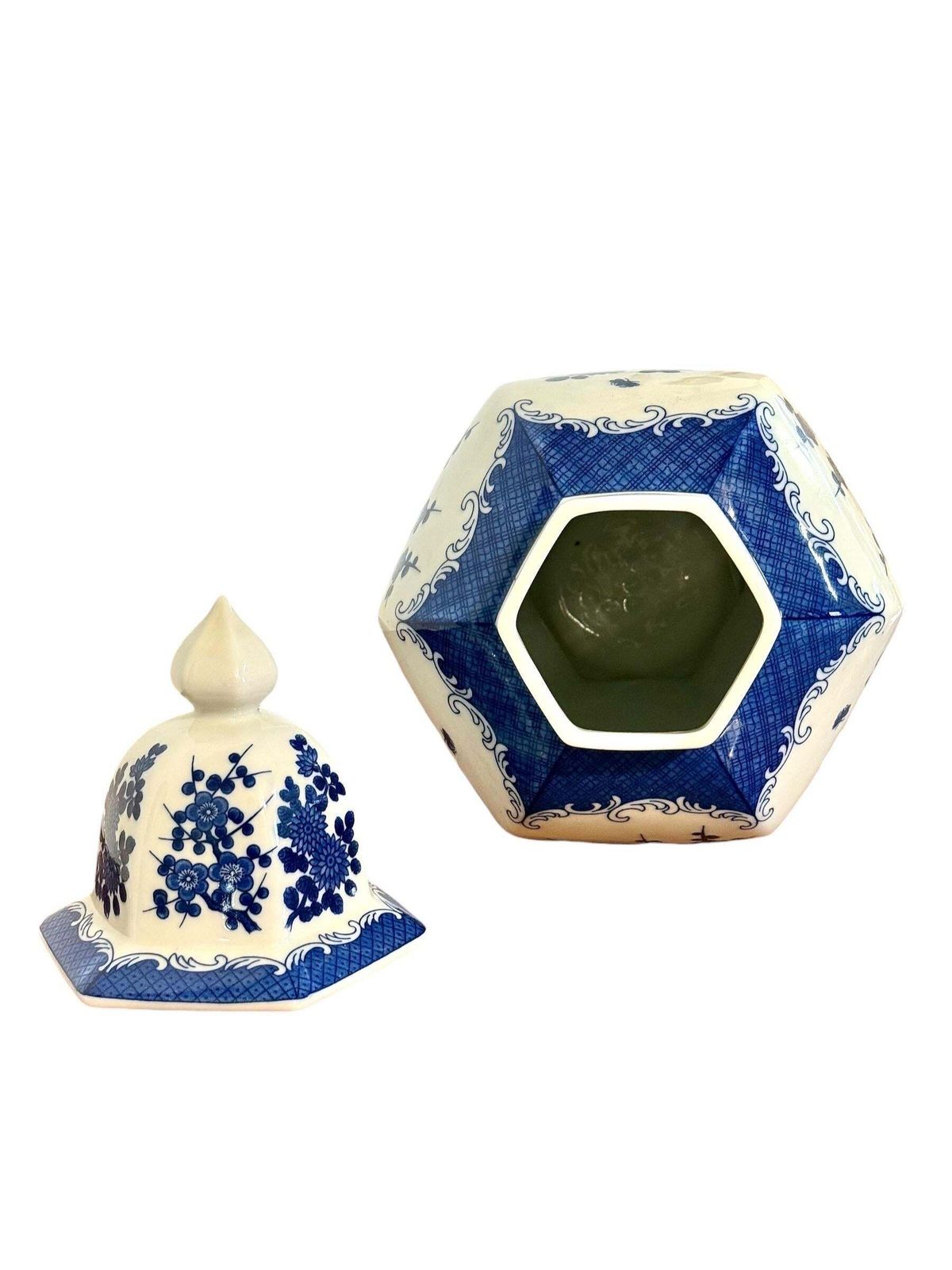 photo furniture Large Blue And White Hexagonal Lidded Porcelain Vase, Chinoiserie