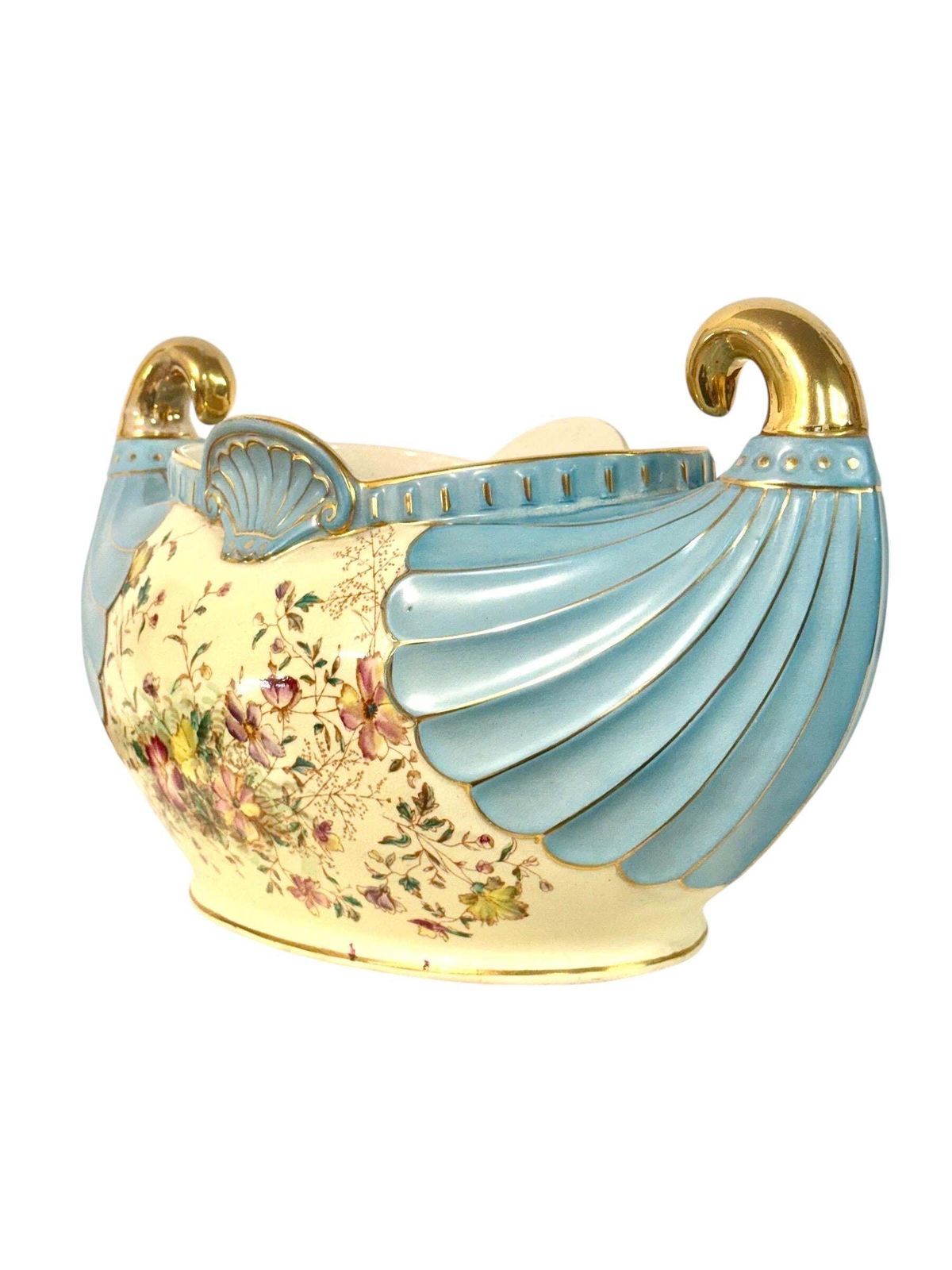 French Art Nouveau Faience Jardinière With Gilt Handles, Circa 1900 photo vintage