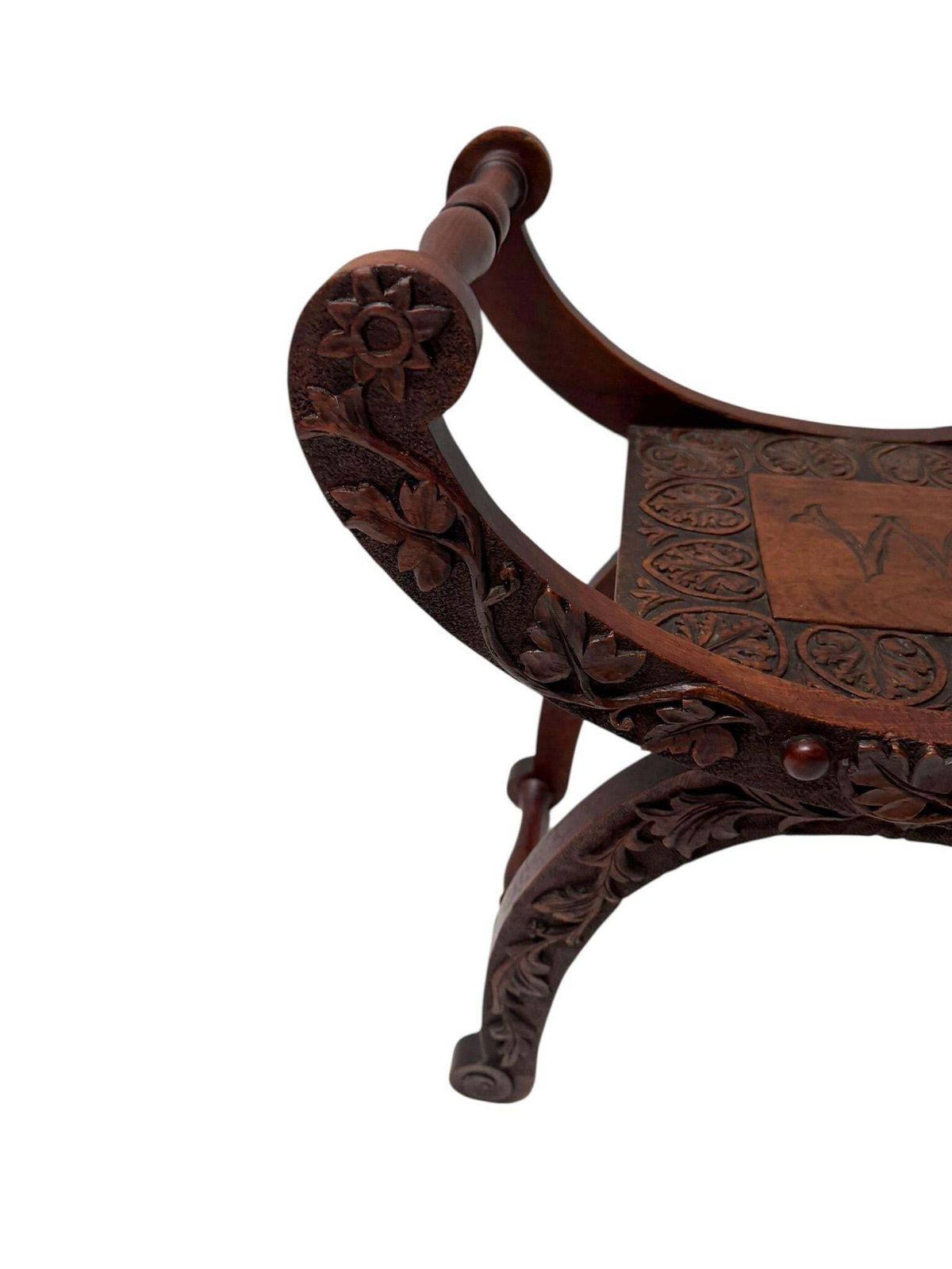 Art Nouveau Walnut Savonarola Hand Carved Stool, 1900s photo furniture