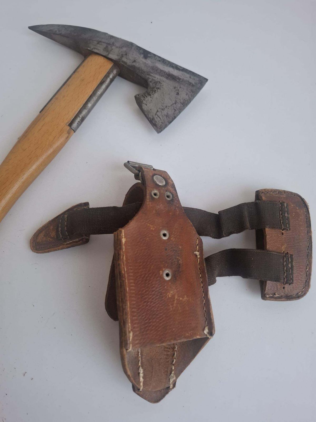 photo vintage Mid Century Czechoslovak Firefighter Axe With Leather Holster