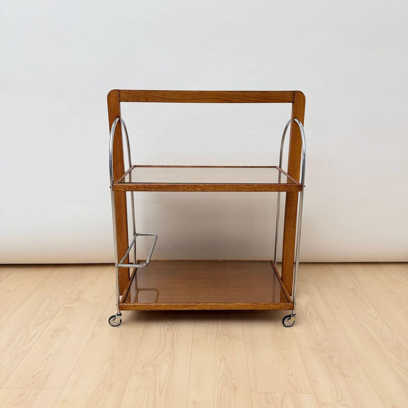 Art Deco Serving Trolley, Oak Wood, Chrome And Glass, France Circa 1930 photo for sale