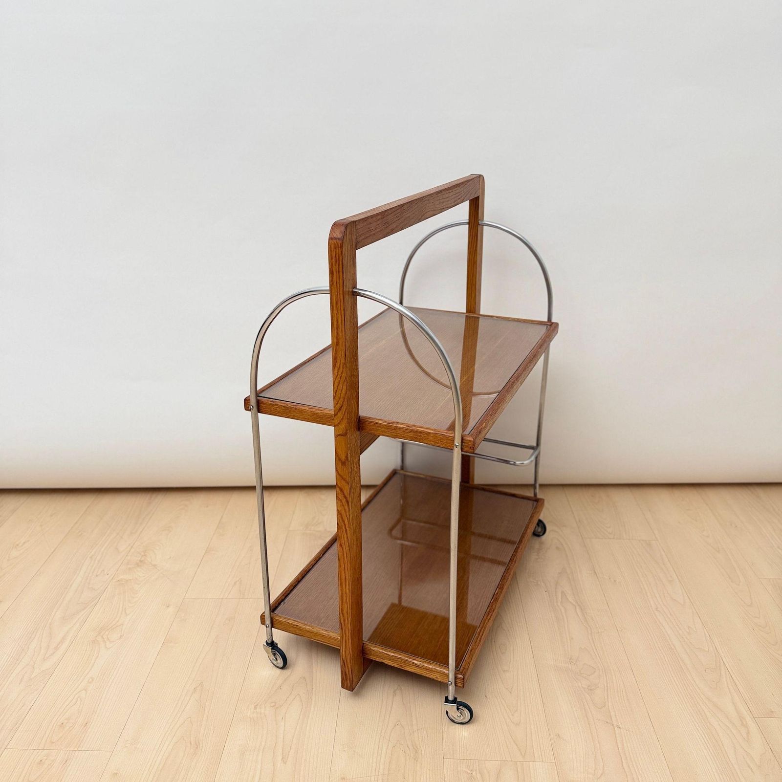 Art Deco Serving Trolley, Oak Wood, Chrome And Glass, France Circa 1930 photo 2200.0