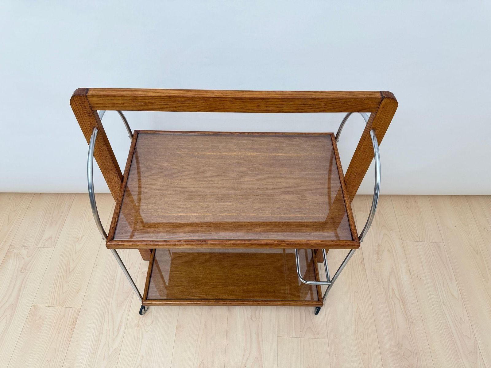 photo vintage Art Deco Serving Trolley, Oak Wood, Chrome And Glass, France Circa 1930