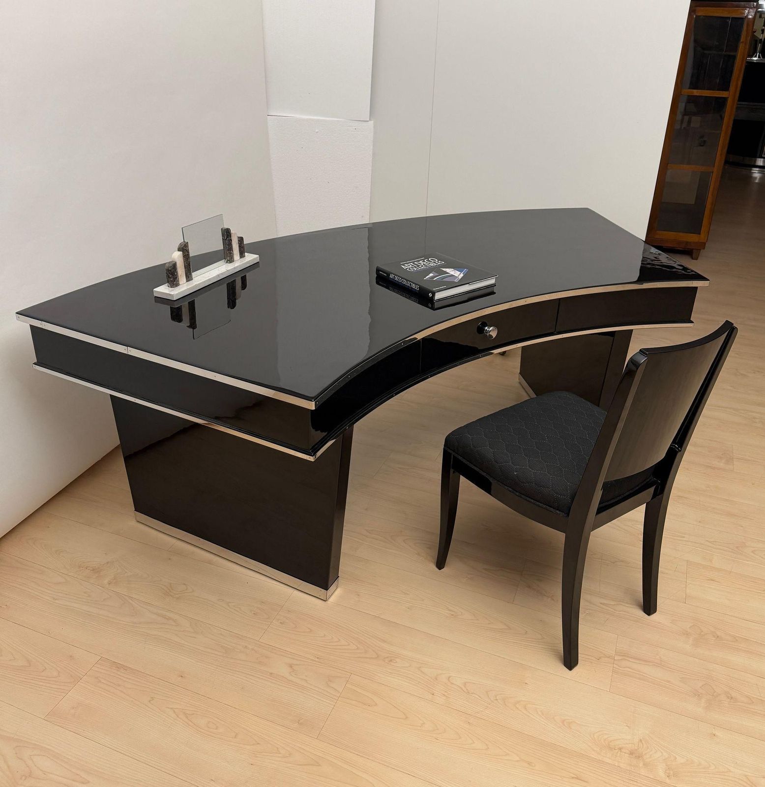photo for sale Art Deco Desk, Black Lacquer, Walnut, Metal, France Circa 1950