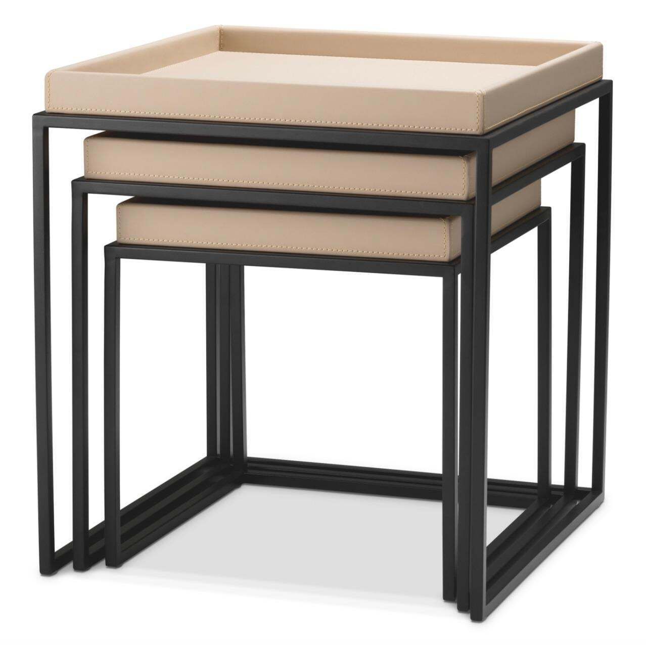 Set Of 3 Side Tables In Light Brown Faux Leather And Matte Black Finish photo Furniture