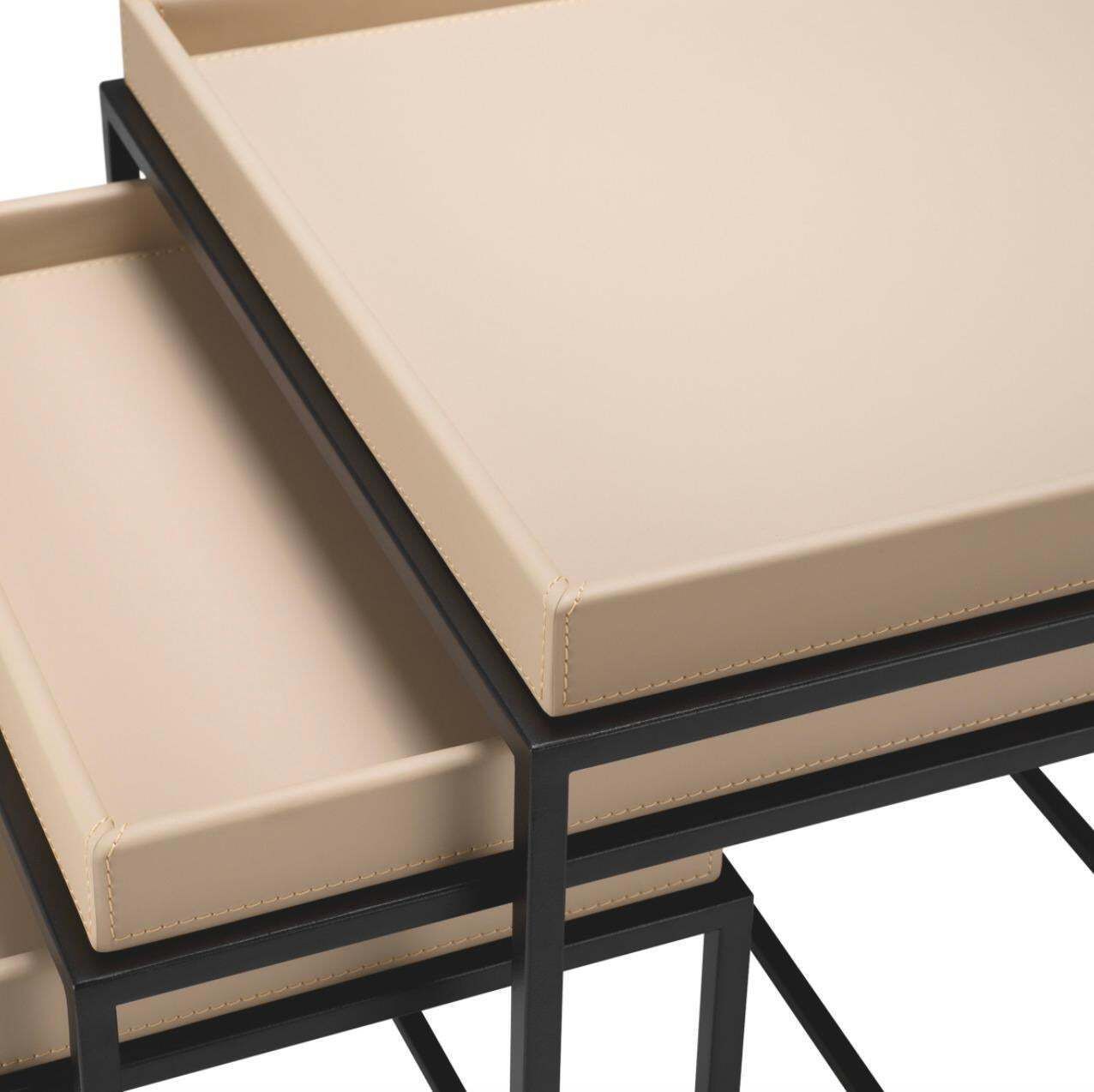 Set Of 3 Side Tables In Light Brown Faux Leather And Matte Black Finish photo vinterior
