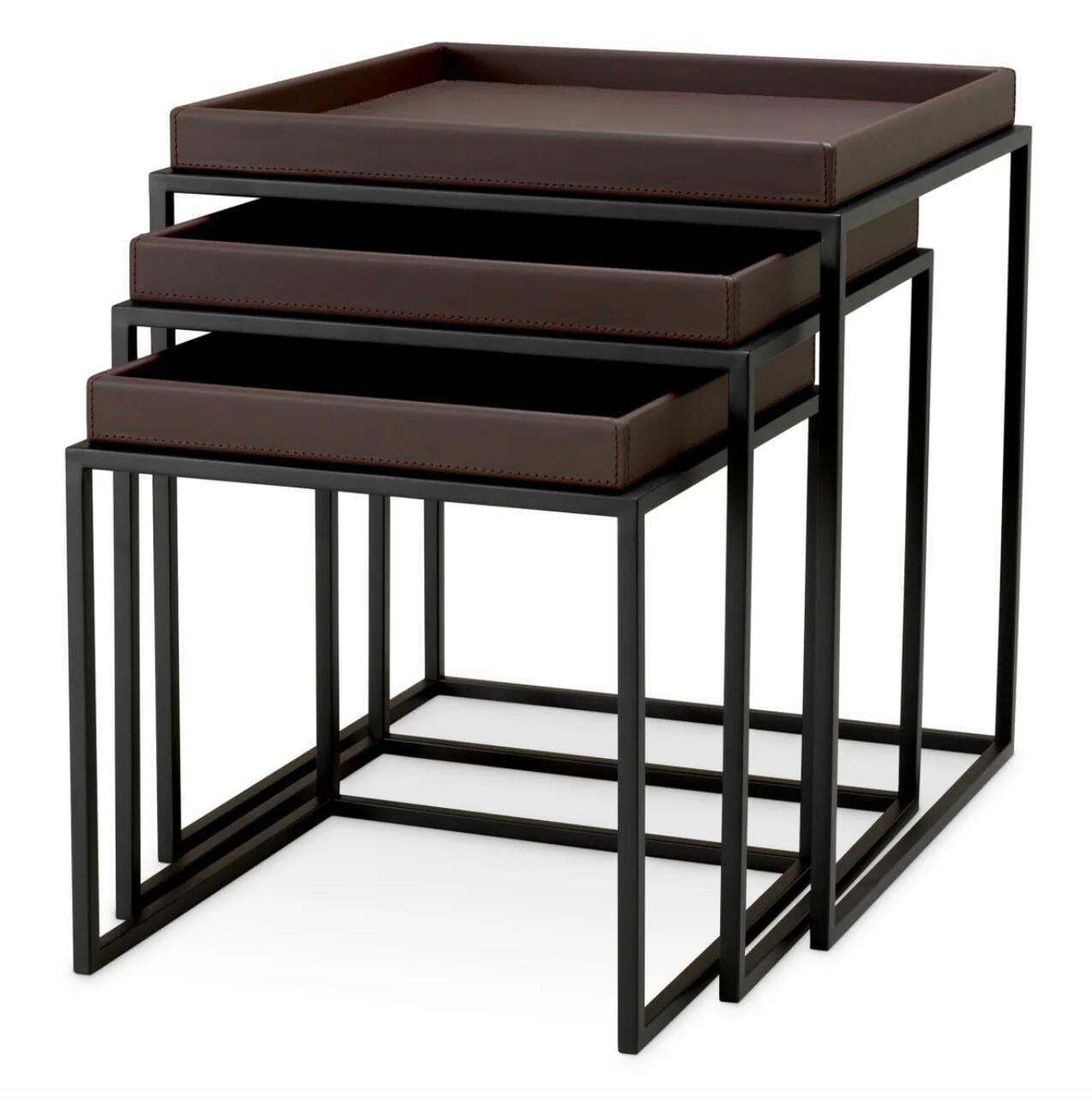 Set Of 3 Side Tables In Dark Brown Faux Leather And Black Finish photo furniture