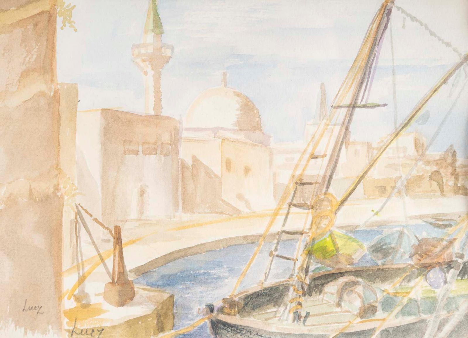 Watercolour On Paper, The Port Of Saint Jean D'acre By Evelyne Luez photo for sale