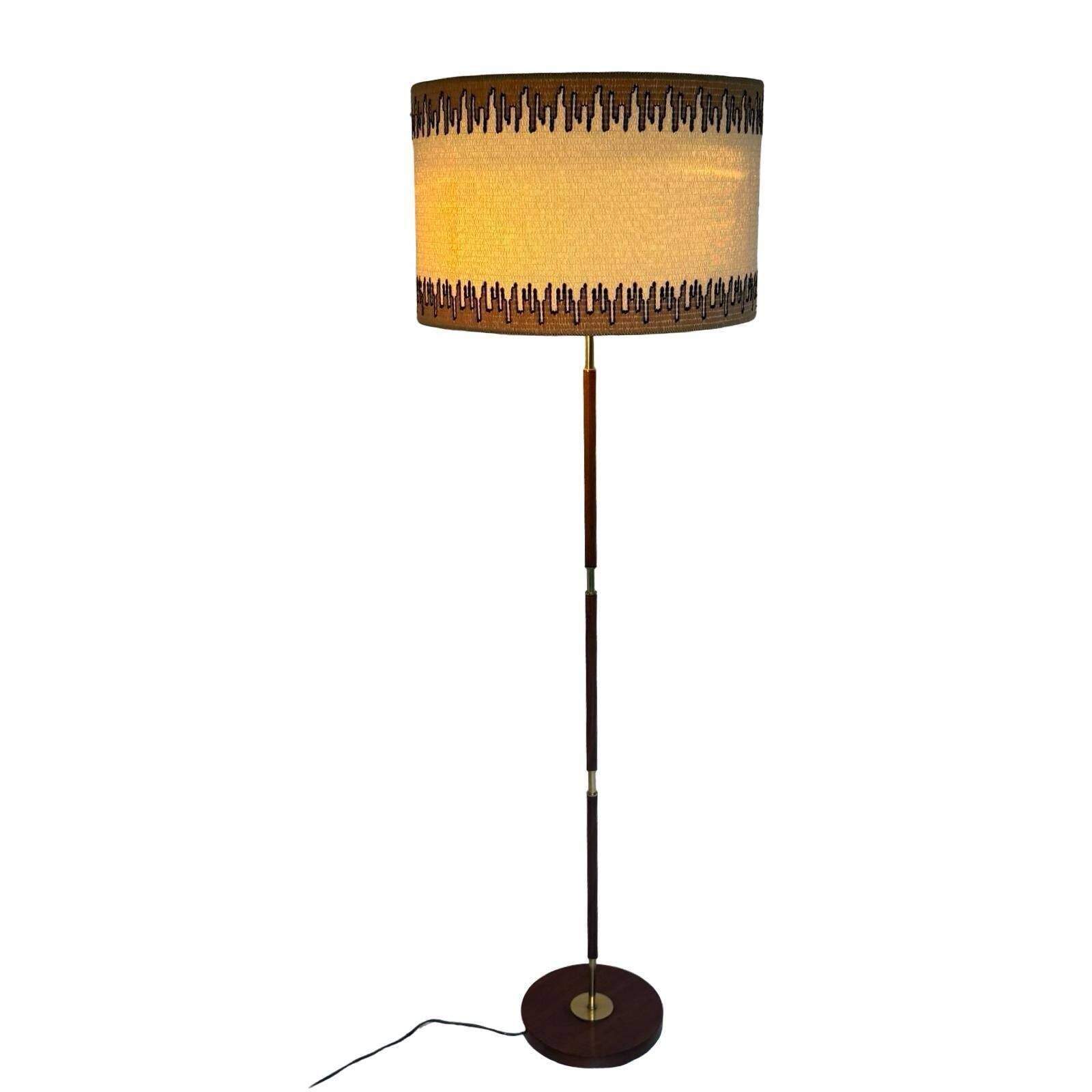 Temde Leuchten   Floor Lamp   Space Age Design   Brass And Teak Wooden Base   Fabric Covered Shade   Ca. 1960's photo for sale