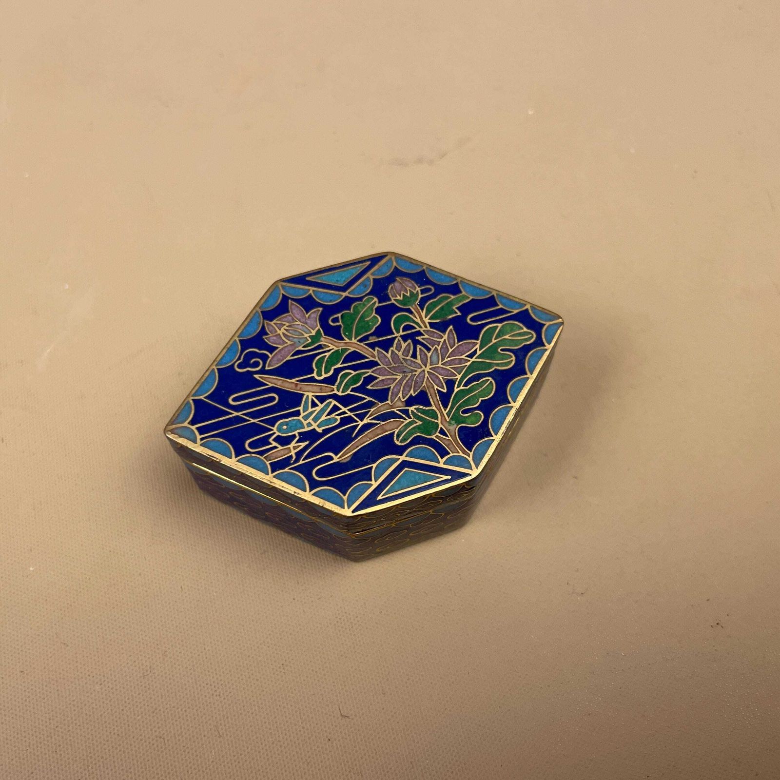 Blue Cloisonne Mini Box Floral Enamel Trinket Jewellery Keepsake Container Chinese Lotus Pattern Small Vanity Box photo for sale