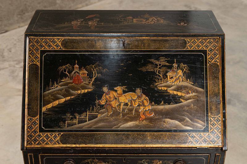 3163.0 English 19thc Mahogany Chinoiserie Bureau Writing Desk photo