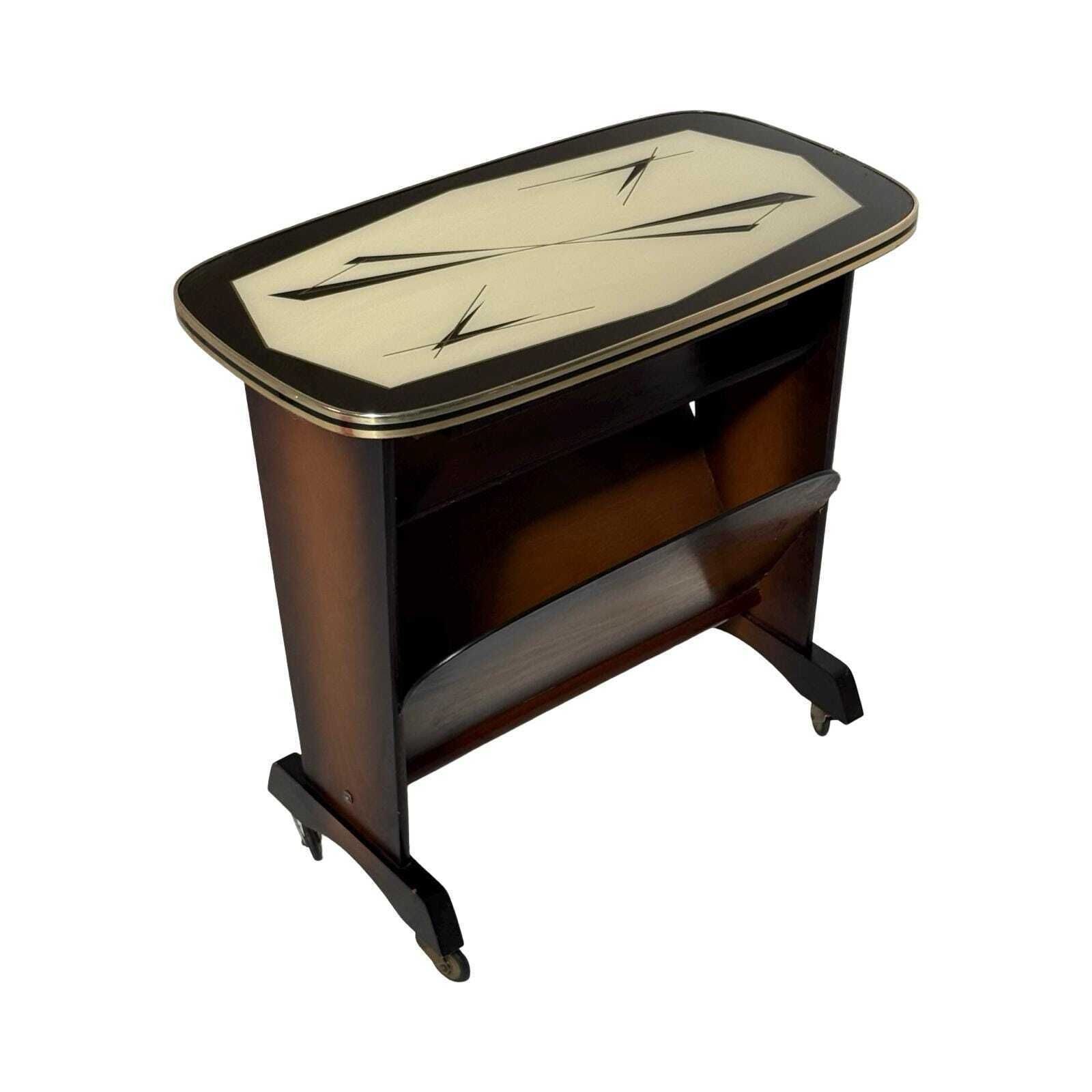 Atomic Age / Aft Deco Style   Newspaper Basket / Magazine Rack   Side Table   Ca. 1950's   With Glass Top, Mounted On Casters photo Home Decor