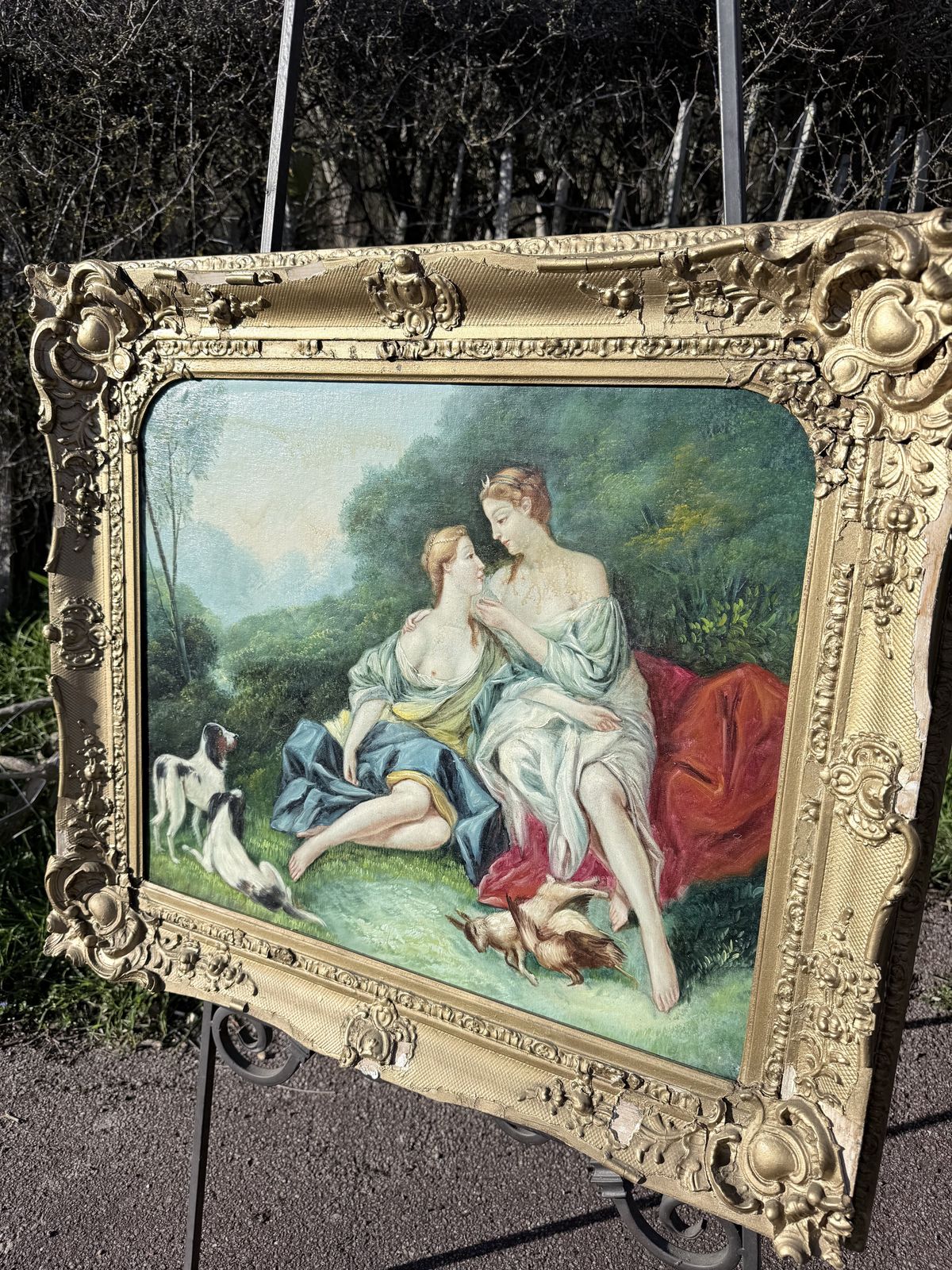 Framed Romantic Pastoral Painting – Rococo Style Scene With Figures – Ornate Gilt Frame photo for sale