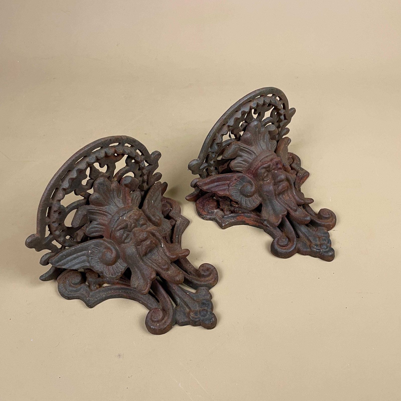 Antique Cast Iron Wall Shelf Set Wall Plant Holder Bracket Ornate Rustic Male Face Figurative Ornament Weathered Heavy Victorian Style