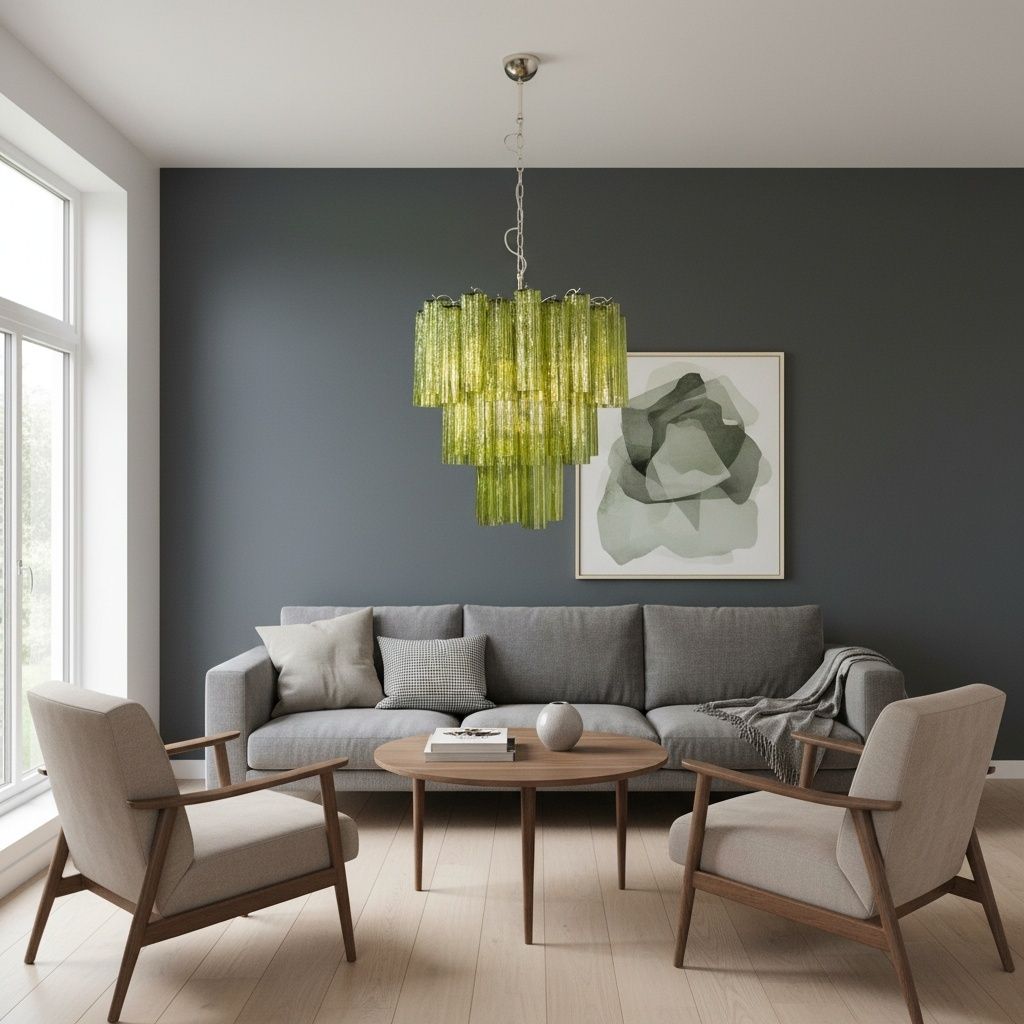 Three Tier Murano Glass Tube Chandelier   48 Green Glasses   Mid Century Modern photo furniture