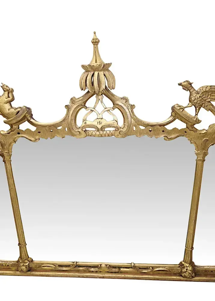 A Very Rare 19th Century Irish Tryptic Giltwood Overmantel Mirror With Ho Ho Bird And Squirrel Detail photo furniture