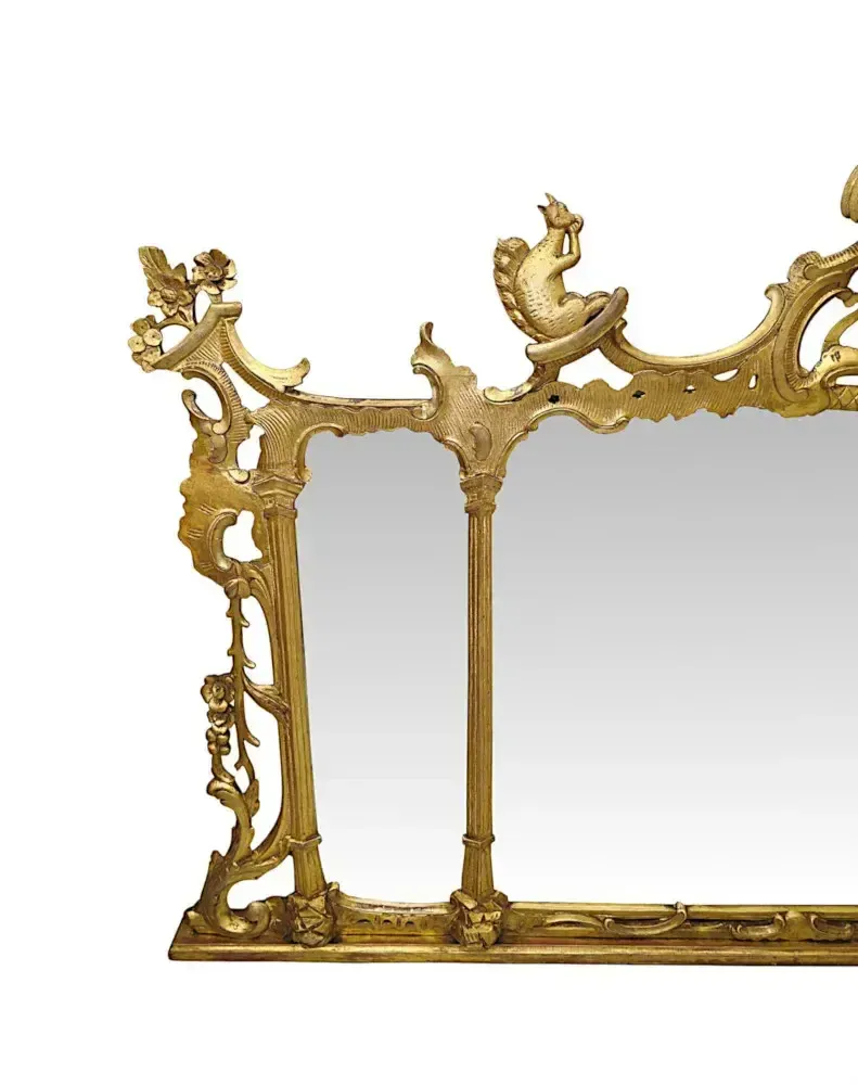 A Very Rare 19th Century Irish Tryptic Giltwood Overmantel Mirror With Ho Ho Bird And Squirrel Detail photo for sale