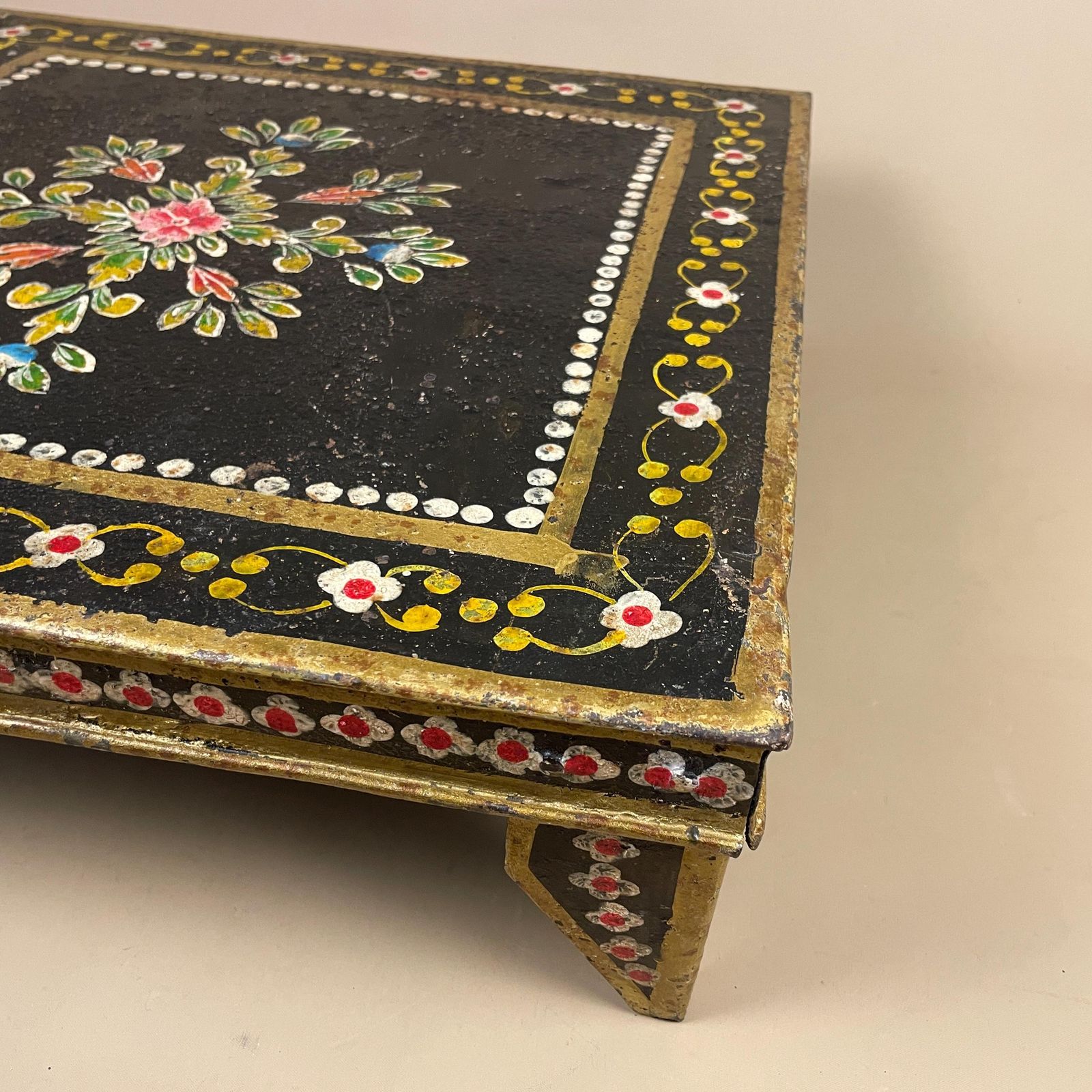 Indian Hand Painted Low Table Black Floral Coffee Table Decorative Plant Stand Metal Rustic Accent Small. photo for sale