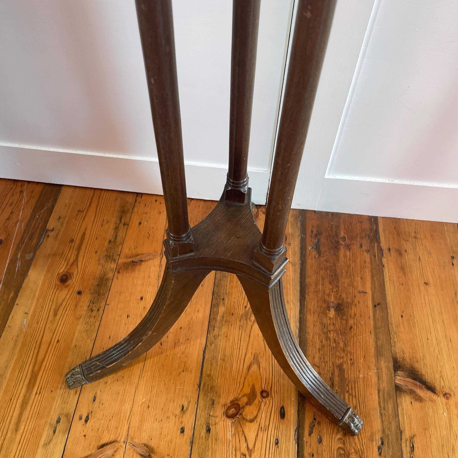 175.0 Tall Wooden Plant Stand Brass Gallery Top Vintage Pedestal Display Stand Victorian Style Likely Indian Made Tripod Stand. photo