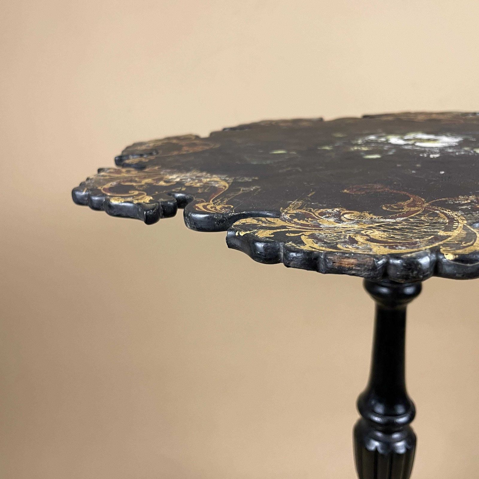 Antique Hand Painted Table End Side Table Black Floral Accent Stand Tripod Legs Decorative Plant Stand Small. photo 159.0